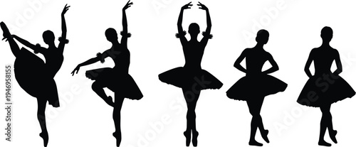 Set of black silhouettes of graceful ballerinas in classic dance poses wearing tutus and pointe shoes isolated on white background,