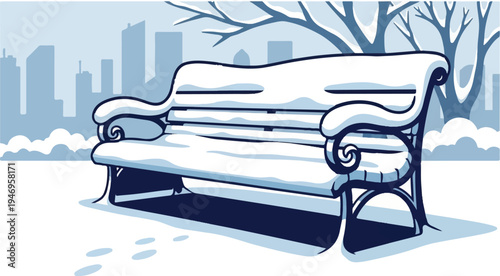 A monochrome blue and white illustration of a snow-covered park bench in a wintry city scene