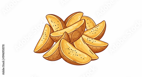 A cartoon illustration of a pile of golden brown potato wedges with dark specks on a white background