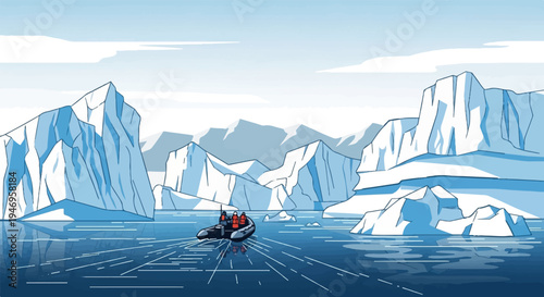 Pixel art illustration of a small boat with passengers sailing through an arctic landscape with towering icebergs