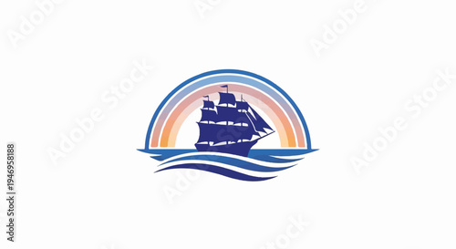 Silhouette of a tall ship sailing on blue waves with a vibrant rainbow arching overhead on a white background