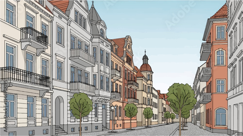 Cartoon-style depiction of a charming European street with historic buildings, balconies, small trees, and a paved road