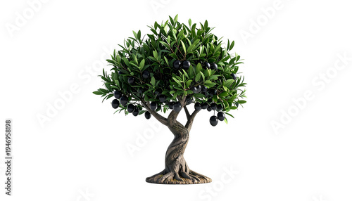 A digitally rendered olive tree, lush with dark fruit, isolated against a black backdrop