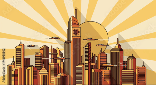 Retro-futuristic city skyline with towering buildings and flying cars against a radiant sunburst