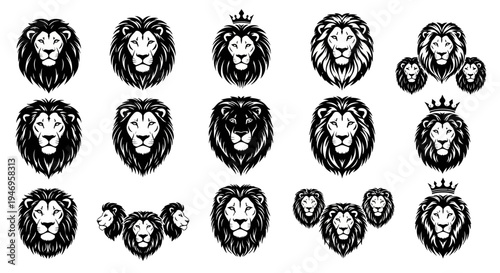 Lion Head Icons Set, Majestic King of the Jungle, Graphic Design Elements