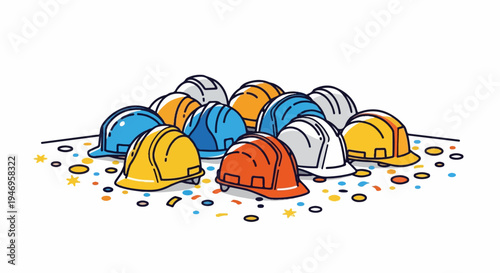 A cluster of colorful hard hats, including orange, blue, yellow, and white, scattered with celebratory confetti