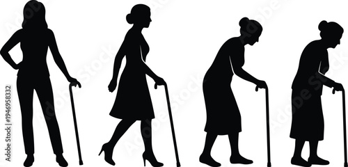 Aging Process Silhouette Vector Illustration Showing Woman Growing Old from Youth to Senior Age with Walking Stick on White Background