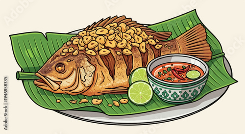 Golden fried fish served on banana leaves with crispy garlic, lime slices, and a spicy dipping sauce