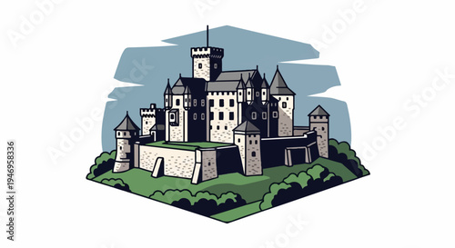 Stylized illustration of a grand medieval castle with multiple towers and spires atop a green hill