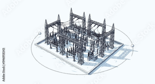 Isometric sketch of an electrical power substation with pylons and complex wiring, on a white background with an orbital ring