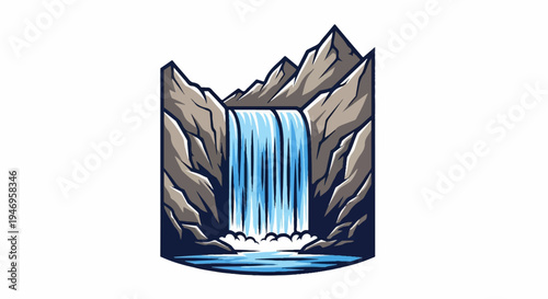 Stylized illustration of a powerful waterfall cascading between rugged mountains into a serene pool