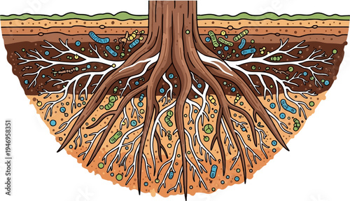 Illustrated cross-section of tree roots growing through soil layers, surrounded by various microbes
