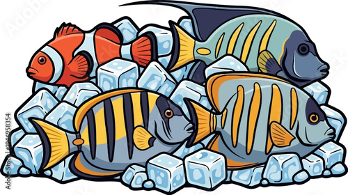 Vibrant cartoon illustration of four tropical fish, including a clownfish, resting on a bed of ice cubes