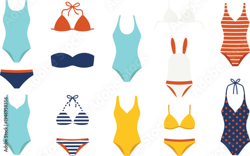Colorful women swimwear collection illustration, trendy bikini and swimsuit flat design set, summer beach fashion graphic for apparel print