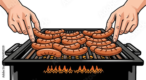 Two hands grilling many sausages on a barbecue over bright flames, preparing a delicious meal