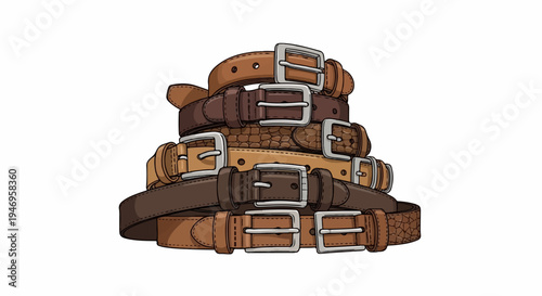 A colorful stack of various leather belts with different buckles and textures, isolated on white
