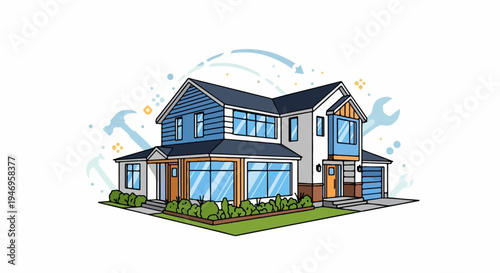 A modern two-story suburban house illustration with blue siding, a garage, and surrounding tools