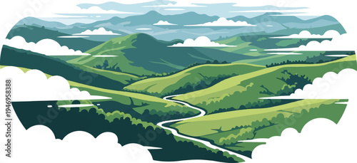 Pixel art landscape of rolling green hills, a winding river, distant mountains, and a cloudy sky