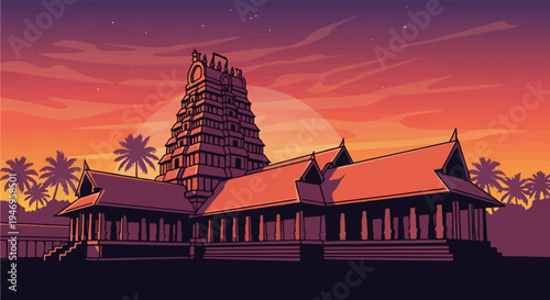 Vibrant pixel art of a majestic South Indian temple with palm trees under a dramatic, colorful evening sky