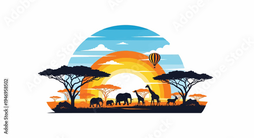 Vibrant savanna sunset with silhouetted elephants, giraffes, and hot air balloon over acacia trees