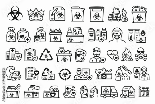 Comprehensive illustration of hazardous waste, recycling, and safety icons
