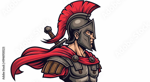 Stylized illustration of a warrior in ancient armor with a red cape and helmet, carrying a sword