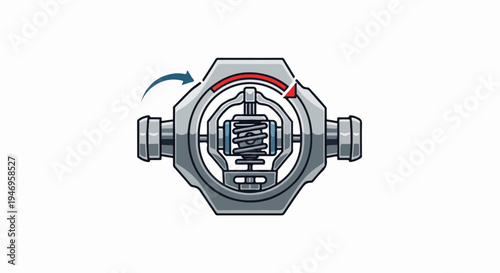 Stylized gray mechanical component with an internal spring, showing rotation with a blue arrow and red arc