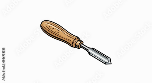 A classic woodworking chisel with a brown wooden handle and a sharp silver metal blade on a white background