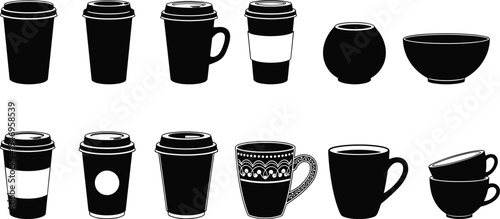 Set of coffee cup icons and ceramic bowl silhouettes including disposable paper cups, mugs with handles, take away caffeine containers, and pottery