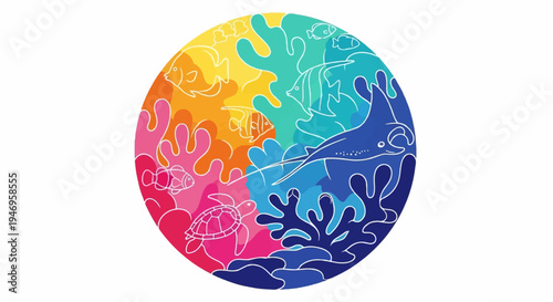 Vibrant marine life illustration fish, turtle, manta ray, and coral reef in a colorful circular design