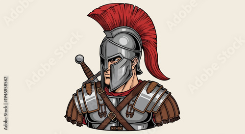 Vector illustration of a fierce Roman warrior bust in a plumed helmet and armor with a sword