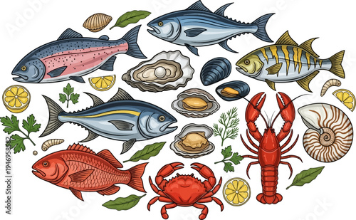 A vibrant assortment of seafood including various fish, crustaceans, shellfish, and lemons on white