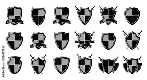 Medieval Shields and Swords Icons Set, Heraldic Emblems, Vector Graphics