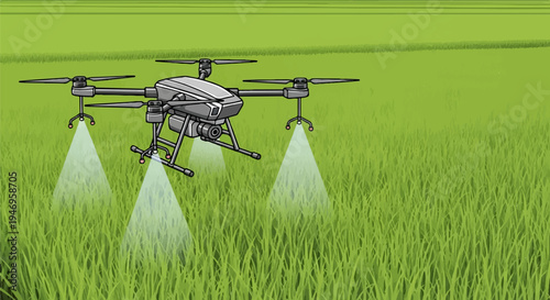 A modern agricultural drone with four propellers spraying a green field of crops from above
