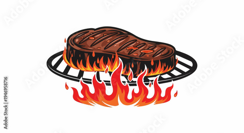 An illustration of a sizzling steak cooking on a barbecue grill with vibrant red and orange flames underneath