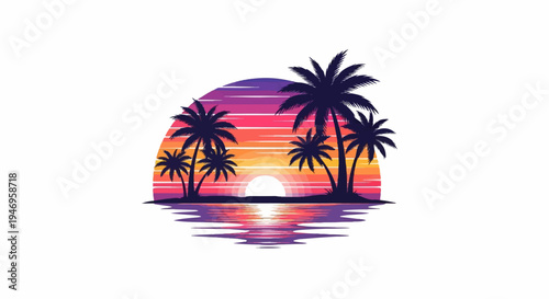 Retro-style sunset with silhouetted palm trees on an island, vibrant gradient, water reflection