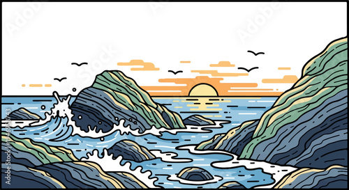 A serene coastal sunset illustration with waves crashing against rugged rocks, featuring a warm sun and flying birds