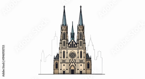 Detailed illustration of a grand twin-spired cathedral with a subtle city skyline outline in the background