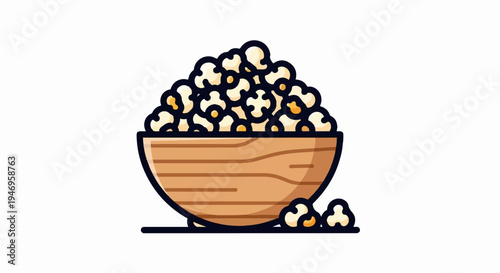 Stylized illustration of a wooden bowl overflowing with golden popcorn kernels, with a few pieces scattered