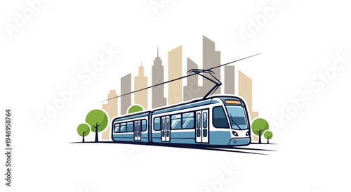 Vibrant blue tram illustration featuring urban skyline silhouettes and green trees against a white background