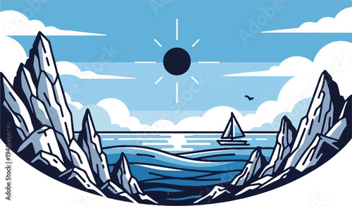 Pixel art landscape with rocky formations, calm sea, sailboat, and stylized sun in a blue sky