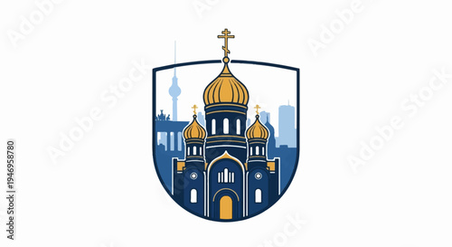 A vibrant illustration featuring an ornate church with golden domes against a city skyline within a shield shape