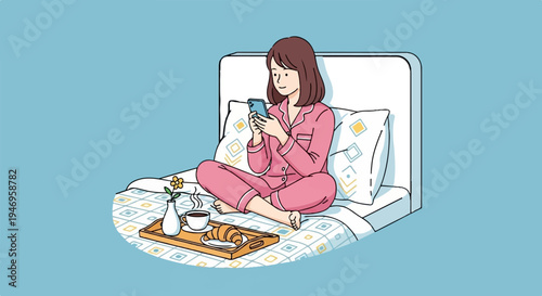 An illustration of a woman in pink pajamas relaxing in bed, using her phone with breakfast nearby