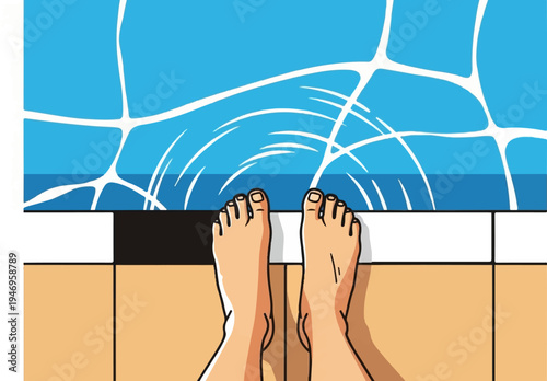 Bare feet poised at the edge of a bright blue swimming pool, ready for a refreshing dip on a sunny day
