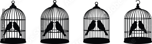 Set of four vintage birdcage silhouettes with love birds, decorative wire cages for wedding decor, pet shop icons, and capture symbols