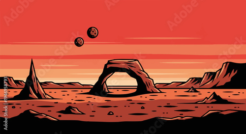 Vibrant pixel art depicts an alien desert landscape with towering rock formations, an archway, and twin moons under a fiery red sky