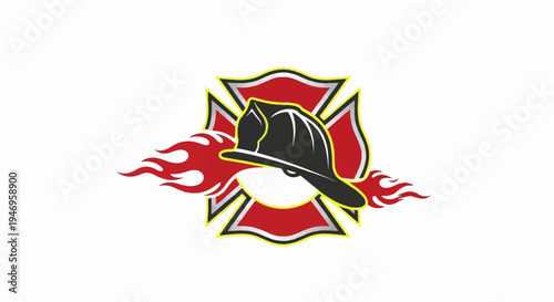Bold graphic of a firefighter's helmet over a red Maltese cross, flanked by dynamic red flames