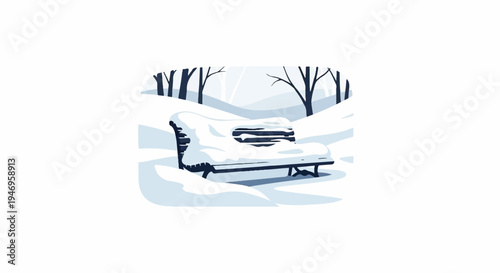 A peaceful winter scene featuring a park bench heavily covered in snow amidst a serene, snowy park