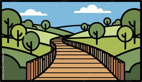 Stylized illustration of a winding wooden pathway through rolling green hills with trees and a blue sky