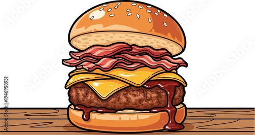 A juicy bacon cheeseburger with melted cheese and red sauce, served on a toasted bun atop a wooden surface